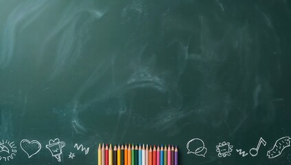 a colorful pencil on the bottom of a blackboard with simple doodles in chalk, ideal for educational or creative projects