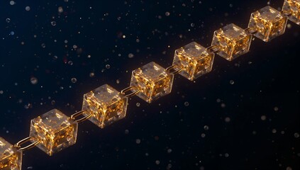 a unique representation of blockchain with golden blocks connected. This image captures the essence of a digital chain, symbolizing security and connectivity