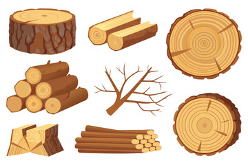 Flat vector collection of forest wood resources, including a board, tree slices, firewood, logs, twigs, and stumps in a cartoon style.