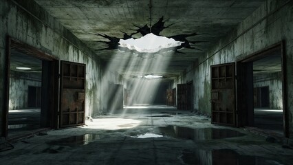 Abandoned underground bunker corridor with sunlight beams through ceiling  