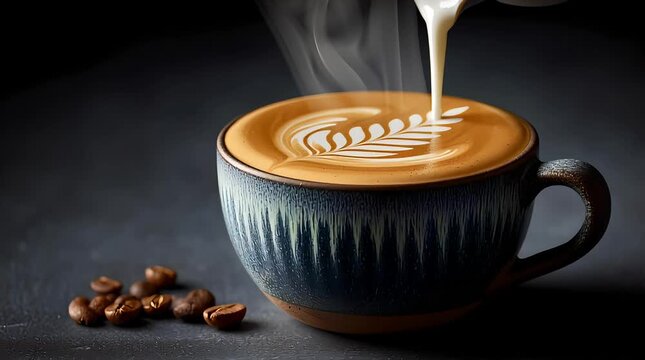 Milk pouring into ceramic cup creating leaf latte art pattern