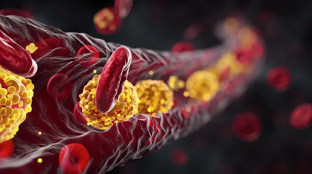 Red blood cells flowing in artery with yellow cholesterol particles
