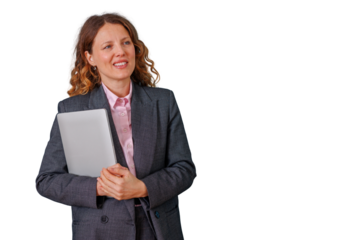 Confident businesswoman smiling, holding laptop, looking away with thoughtful expression on transparent background