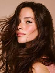 Close-Up Beauty Portrait of a Woman with Long Wavy Brown Hair and Freckles