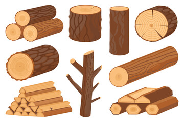 Vector illustration of wood materials including logs, branches, boards, and stumps, simple cartoon style.
