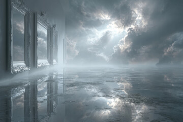 Dreamlike Hallway of Ornate Mirrors and Moody Sky Reflection. A mesmerizing, dreamlike composition featuring a mirrored hallway or gallery with ornate silver frames reflecting a stormy clouds.