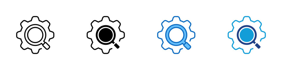 Process Analysis Multiple Style Icon Design Vector - gear combined with a magnifying glass, representing efficiency improvement, system tuning, and performance analysis