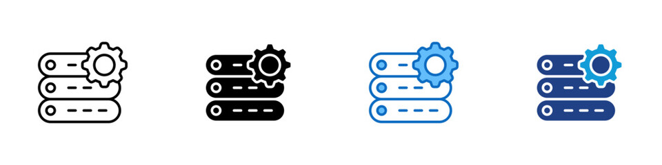 Server Configuration Multiple Style Icon Design Vector - stacked servers with a gear element, representing system setup, infrastructure control, and technical management