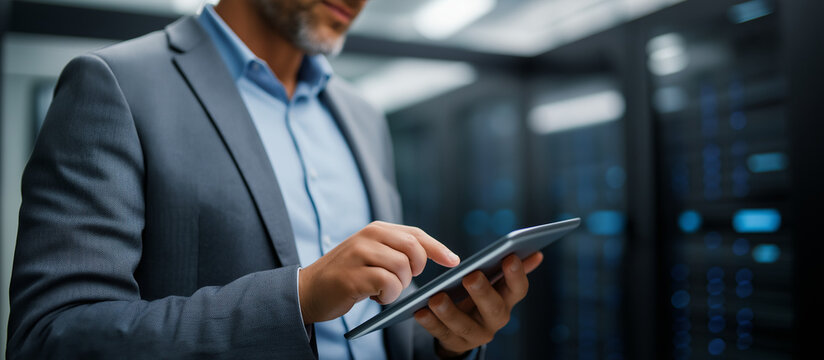 Faceless IT professionals using tablet computer heavily defocused data center background anonymous engineer and consultant standing in office above servers developing automation - Powered by Adobe