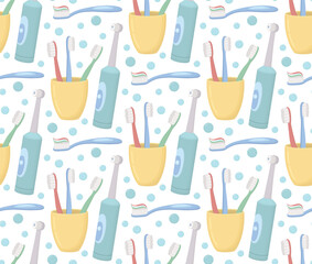 Seamless pattern with electric toothbrush, cup of brushes, toothpaste on toothbrush and bubbles. Colorful oral hygiene background 