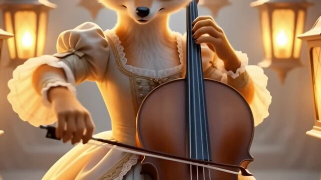 Whimsical anthropomorphic fox in elegant classical dress playing cello surrounded by glowing lanterns for a magical music concert concept and fantasy art