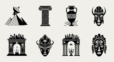 Naklejka premium Explore striking global landmark icons in vector style, perfect for travel, history, or culture projects, each detail showcasing iconic design elements