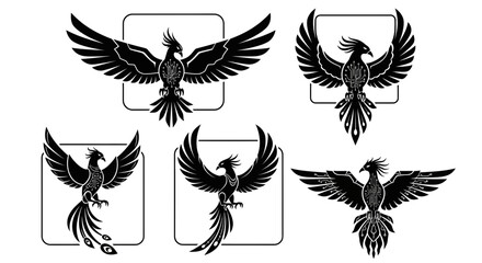 Majestic phoenix emblems for innovative brand identity, powerful logo designs with a modern, tech-infused twist, ideal for startups and forward-thinking businesses