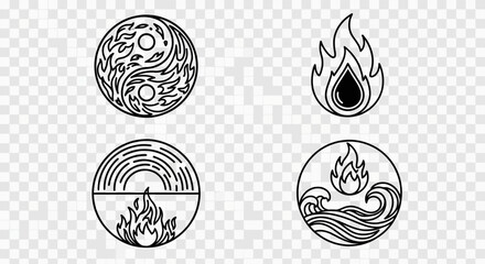 Modern elemental icons representing earth fire water and wind showcasing energy and balance, perfect for wellness brand or spiritual designs, originally a vector graphic