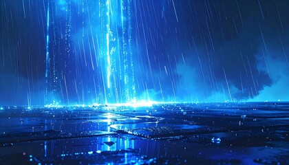 Radiant blue streaks descend, illuminating a reflective, textured plane under a cloudy sky