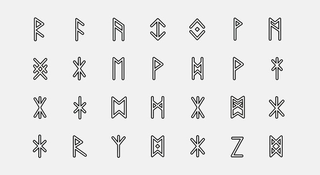 Mystical runes and symbols collection, ancient alphabet for esoteric designs, magical signs for divination, Norse mythology elements for spiritual practices