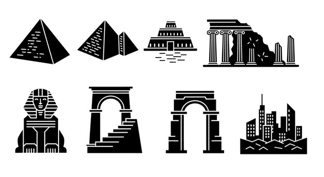World Landmarks Icon Set, Explore Egypt, Greece, Mexico, and Global Destinations, Journey Through Architectural Wonders, Culture and History Awaits in this Collection