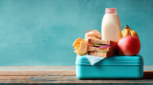 Healthy Lunchbox Arrangement with Fruits, Sandwiches, and Milk on Wooden Table for Nutrition Concept