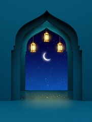 Fototapeta premium Elegant Ramadan iftar invitation template featuring glowing lanterns, crescent moon, and stars on deep blue background, perfect for Islamic celebrations, Eid greetings, and festive Muslim events.