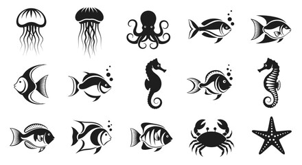 Ocean creature icons for marine life projects: Jellyfish, octopus, fish, seahorse, crab, and starfish in modern vector design for educational resources © MUHRODIN