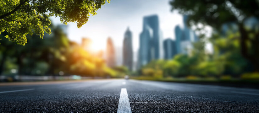 Road passing through nature toward city heavily defocused background natural environment urban transition landscape development visualization with copy space