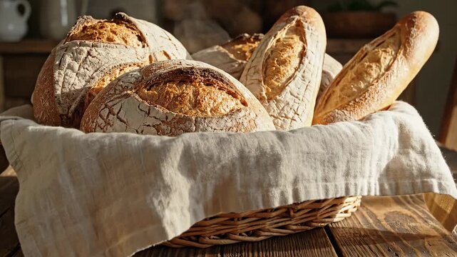Freshly baked bread loaves in rustic basket on wooden table