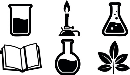 Chemistry laboratory icons with beaker, book, Bunsen burner, flask, and leaf vector set for science education and research