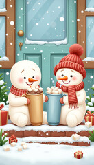 Two cheerful snowmen enjoying hot chocolate on snowy doorstep  