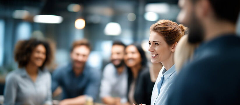 Faceless diverse multigenerational team of business people heavily defocused contemporary office environment background anonymous group engaged in lively brainstorming session
