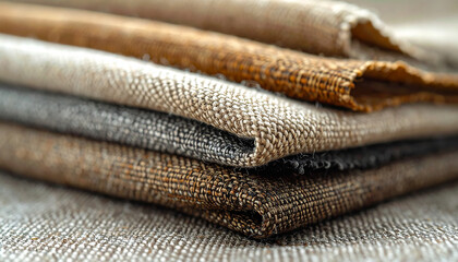 Textile Texture: A close-up showcases a neatly stacked assortment of fabric samples, with an inviting array of rich textures and natural tones.