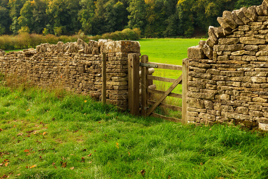 Dry stone wall separating green grass field from woodland with a rustic wooden gate in the countryside