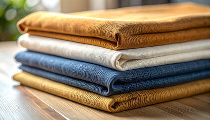 Cozy Layer of Warmth: A neatly stacked collection of folded textile garments, radiating comfort and elegance. Showcasing the beauty of fabric, inviting touch and the promise of warmth.
