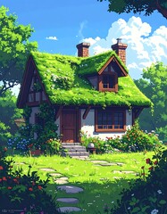 Quaint cottage nestled in lush greenery, bathed in sunlight, under a bright blue sky with fluffy white clouds