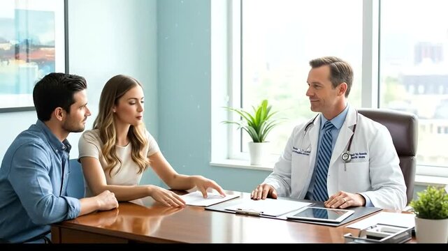 Young couple consulting with a male doctor in his office about medical results and future plans.