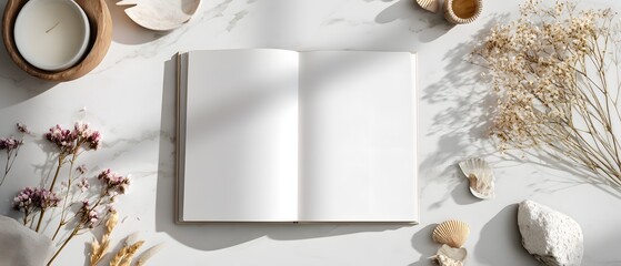 Flat Lay of Blank Open Book with Flowers