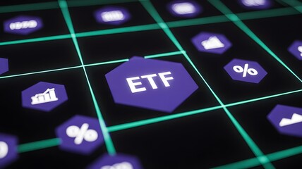 ETF icon in digital grid with financial symbols in modern futuristic design with blue neon lighting for investment finance