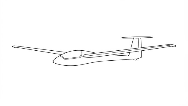 Outline drawing of a glider airplane with dashed lines on a white background depicting aerodynamic design and flight