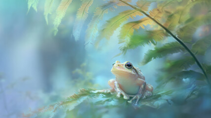Green frog sitting on fern leaf. Defocused photo, blurred background.