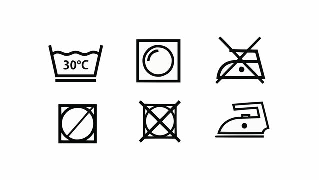 Laundry care symbols and iron icon set on white background