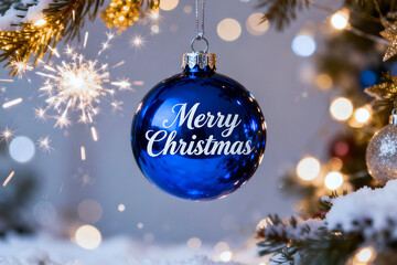 Blue Christmas Ornament with Merry Christmas Text and Sparkling Lights