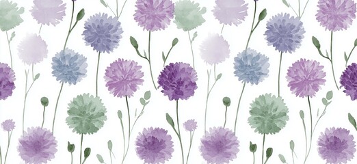 Watercolor pastel purple sage green floral pattern. Watercolor floral pattern displaying soft purple and sage green blooms on a white background
