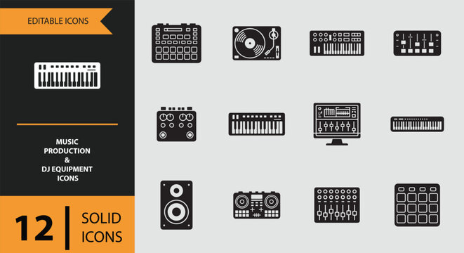 Editable solid icons for modern music production and dj equipment vector collection