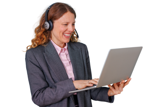 Woman wearing headset smiling, working remotely on laptop, providing customer service, webinar, video call on transparent background - Powered by Adobe