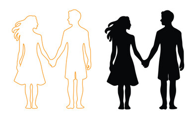 Couple Holding Hands Silhouette and Outline Vector Illustration