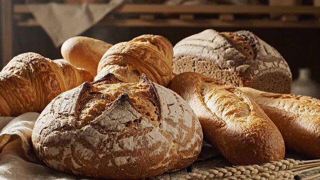 Variety of baked breads displayed on wooden surface