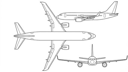 Aviation Blueprint Schematic Showing Three Jet Airplanes Overhead Front and Side Views With Detailed Outlines and Dimensions Illustrating Aircraft Design and
