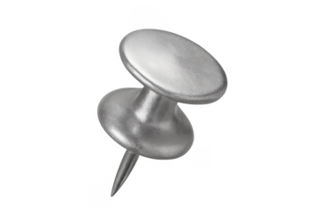 Silver metallic pushpin pointing down on transparent background