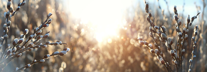willow twigs with fluffy buds on sunny nature background. Spring artistic nature image with blossom willow branches outdoor. symbol of early spring season, Palm sunday, Easter. banner. copy space