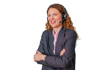 Customer service representative cheerfully laughing, wearing a headset, showing good communication skills on a transparent background