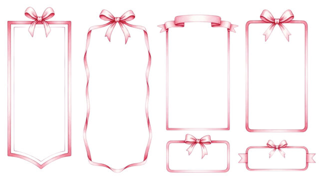 Watercolor Pink Ribbon Frames Set with Bows, Decorative Blank Label Borders, Elegant Clipart Templates
